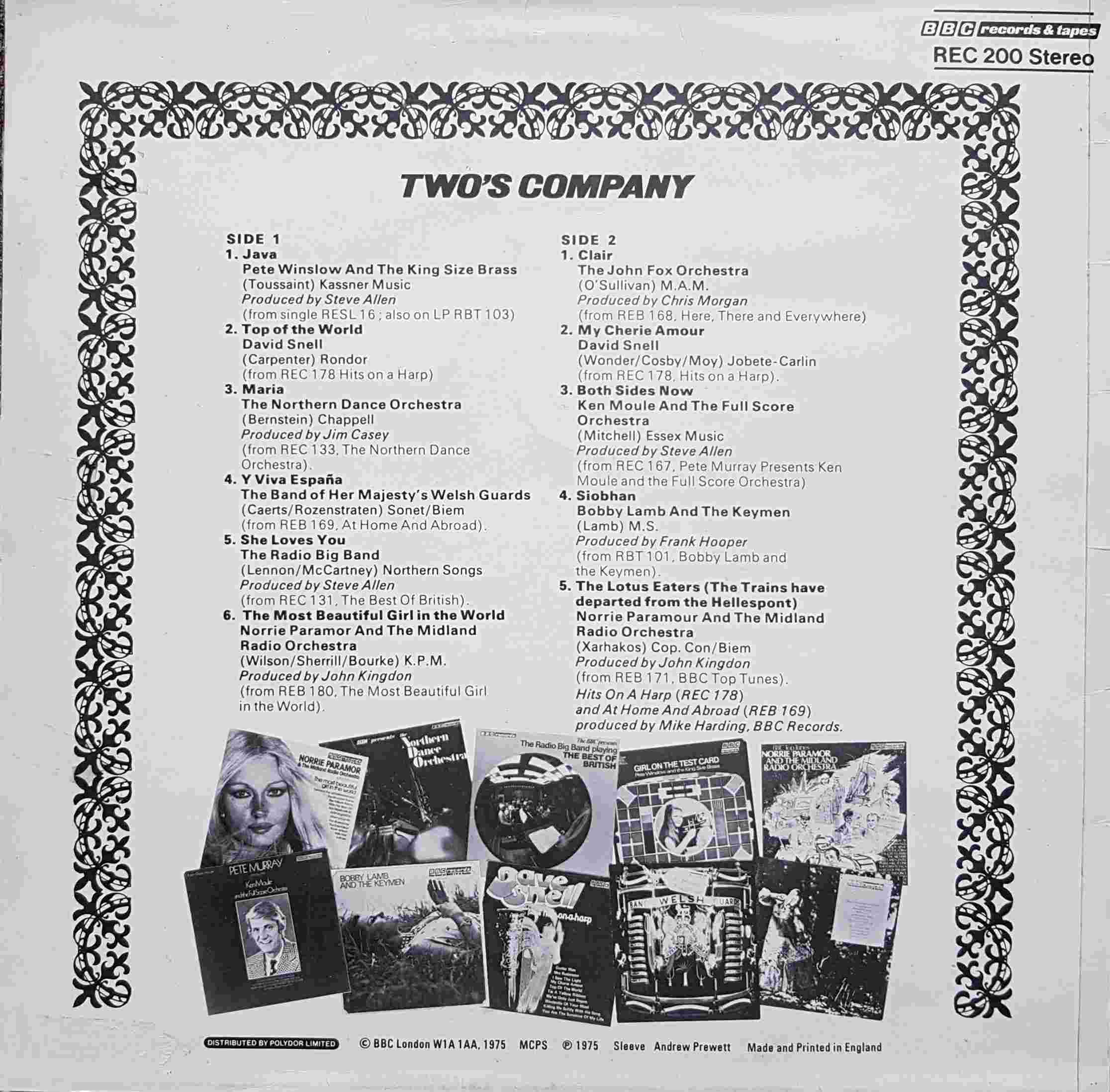 Picture of REC 200 The easy listening sounds of Radio 2 - Volume 1: Two's company by artist Various from the BBC records and Tapes library